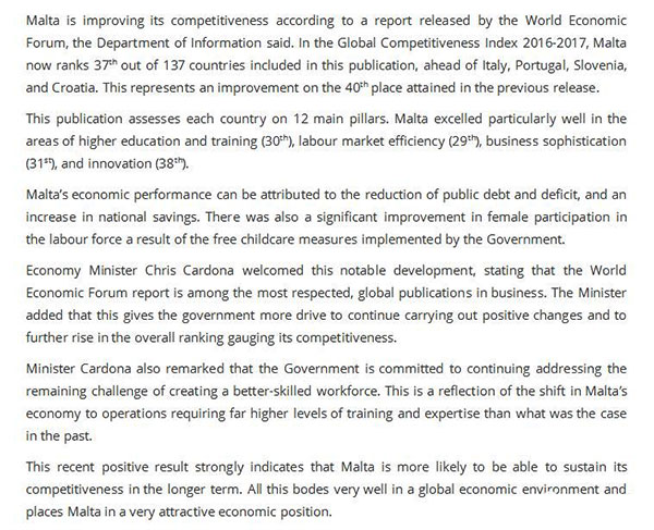 《2017-2018年全球競爭力報告》：馬耳他排名上升三個名次