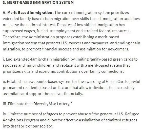 川普致信參眾兩院，列述移民準(zhǔn)則，包括積分制移民系統(tǒng)